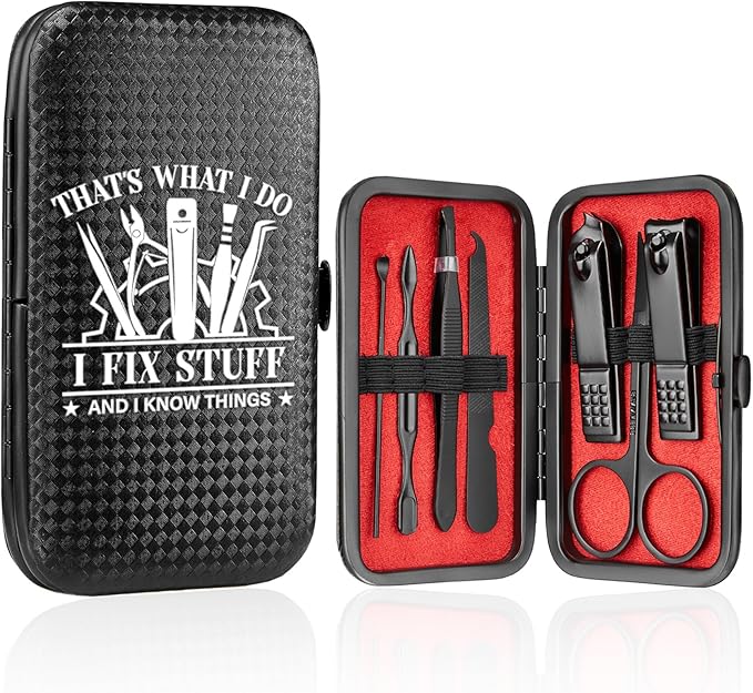 COSHAYSOO Christmas Stocking Stuffers Small Useful Funny Gifts for Male Engineer Teacher Coworker, 7 Pcs Travel Manicure Set with Black Case for Men Nail Clipper Grooming Kit Fingernail Care Tools