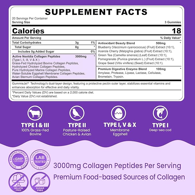 2 Pack Collagen Gummies for Women & Men 3000mg, Hydrolyzed Collagen Peptides with Antioxidant Blend & Digestive Enzymes, Multi Collagen (Type I,II,III,V,X) for Anti-Aging, Hair, Skin, Nails,Sugar Free
