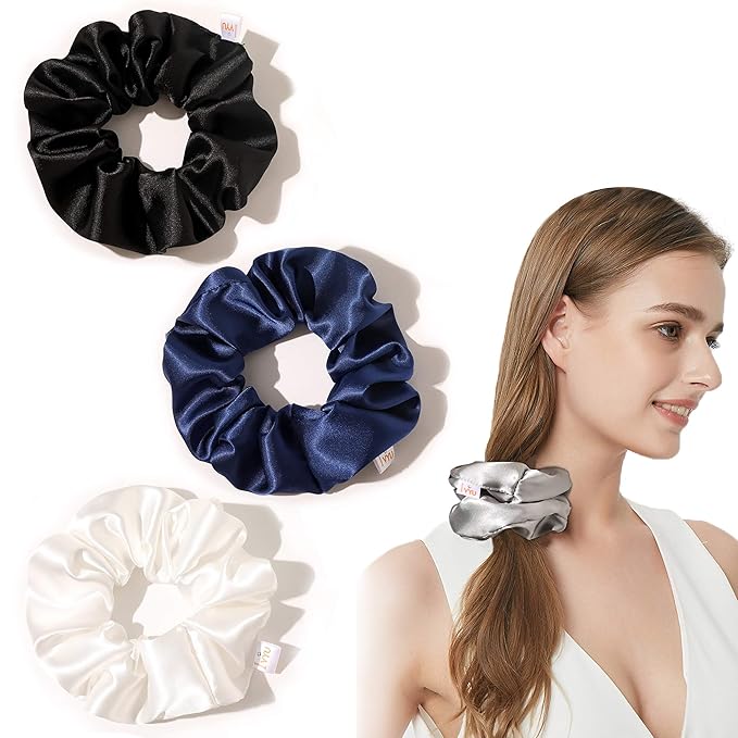 Ivyu Scrunchies, 4 Pack Silk Scrunchy for Girls Women Cute Hairties Hair Accessories Soft Ropes Ponytail Holder, White, Black, Navy, Gray