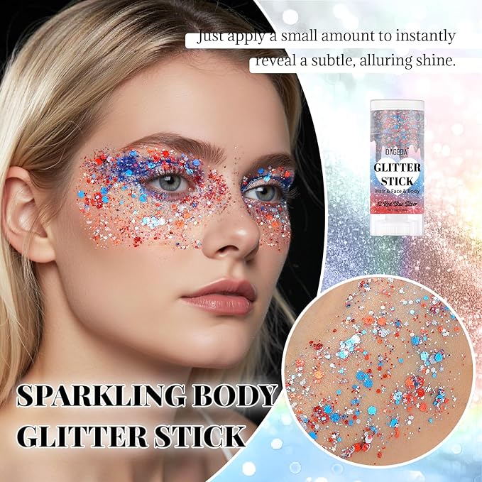 DAGEDA Red White and Blue Body Glitter Stick, Sparkly Face Glitter Makeup, 4th of July Outfits Accessories for Women, Shimmer Face Paint Stick, Fourth of July Independence Day Costumes Accessories