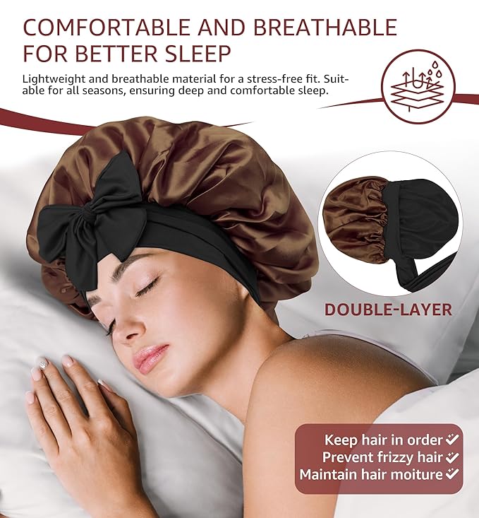HiRui Silk Satin Bonnet for Sleeping Women, Double-Layer Sleep Cap Shower Cap with Adjustable Tie, Moisture Retaining Satin Lined Hair Bonnet for Curly and Natural Hair (Brown/Black, Large)