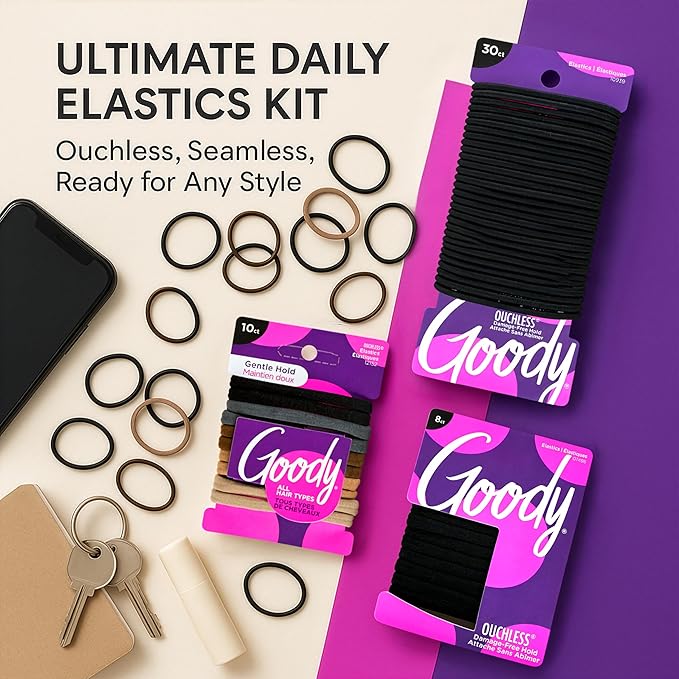 Goody Ultimate Daily Elastics Kit 48-Count | Ouchless No-Damage Hair Ties for Women & Men | 30 Black Elastics + 10 Neutral Seamless + 8 Black Seamless Ponytail Holders for All Hair Types