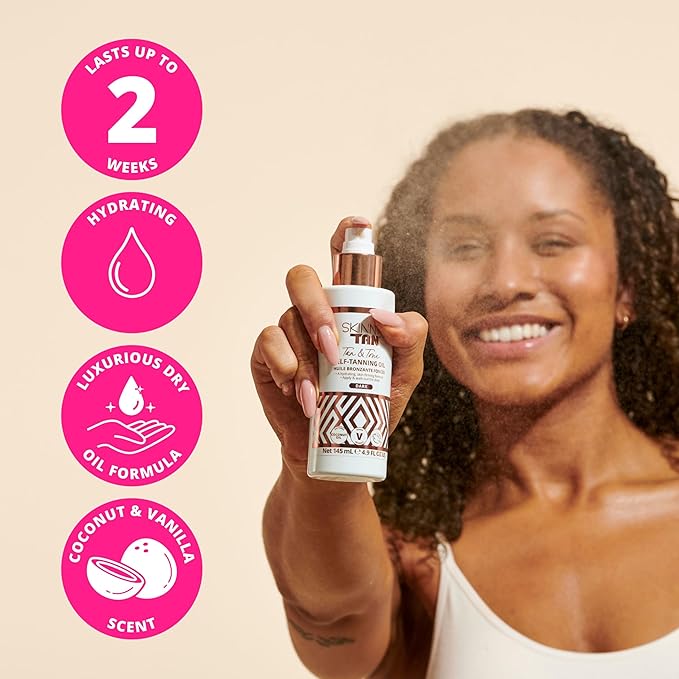 Skinny Tan Tan and Tone Self Tanning Oil Spray - No Need to Rinse - Hydrating and Toning Self Tanner for Healthier Looking Skin - Blurs Appearance of Stretch Marks - Dark Self Tan - 4.9 oz