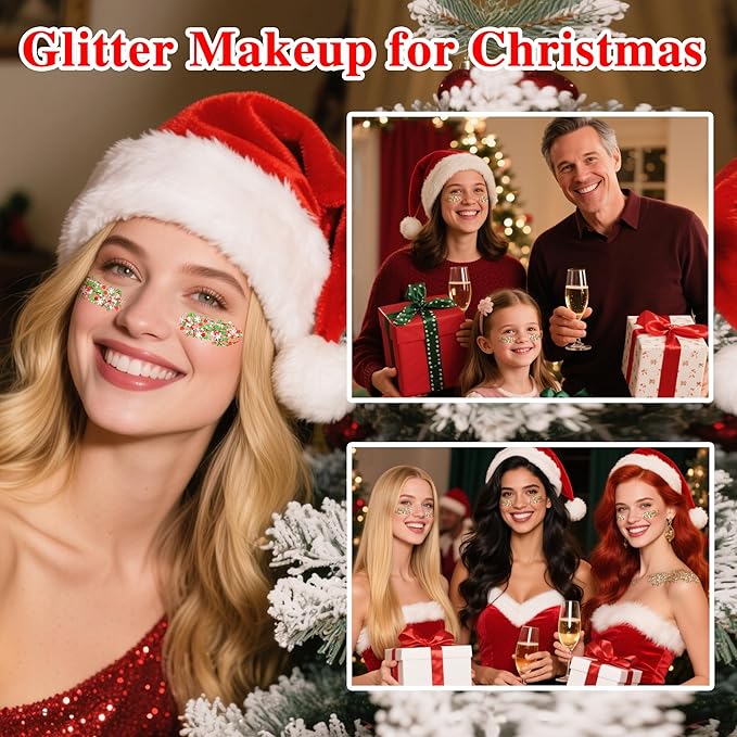 MEICOLY Christmas Face Glitter,Christmas Hair Glitter for Kids and Women,Stocking Stuffers Gifts,Sparkle Chunky Christmas Makeup,Red Silver Green Body Glitter for Party Rave Festival