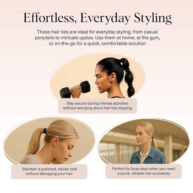 Kitsch Hair Ties No Damage - Strong, Stretchy Hair Bands | Soft Nylon Ponytail Holders, Snag-Free Rubber Bands, Perfect for Updos & Braids | Ideal Gifts for Women - Black, 8pcs