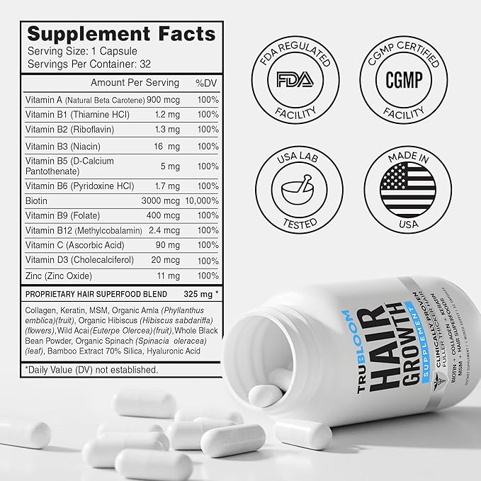 Tru Bloom Hair Growth Vitamins - 1 Month Supply. Clinically Proven to Grow Fuller, Thicker Hair. Drug-Free with Biotin, Collagen, Keratin, MSM, Zinc, D3 + Hair Superfoods