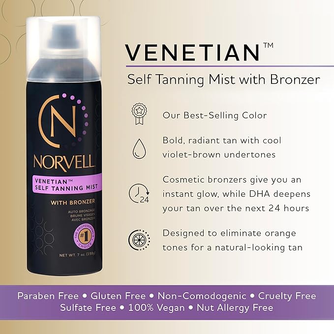 Norvell Venetian Sunless Self Tanner Mist 7 fl oz – Airbrush Spray Tanning Solution with Bronzer for Instant Sun Kissed Glow, Natural Looking Fake Tan, Streak Free, Long Lasting Color
