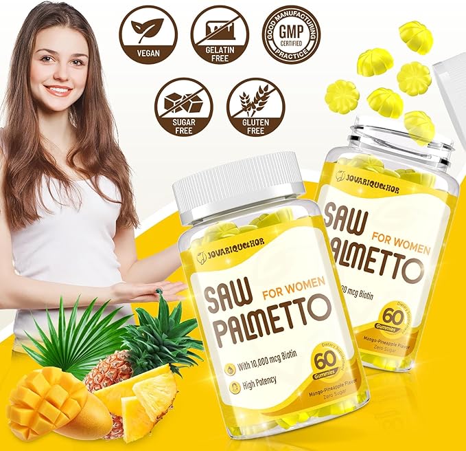 Saw Palmetto for Women - DHT Blocker Hair Growth Supplement - 500mg Potent Saw Palmetto Gummies for Hair, Skin, Nails, Urinary Wellness - Mango-Pineapple Flavor - 60 Gummies
