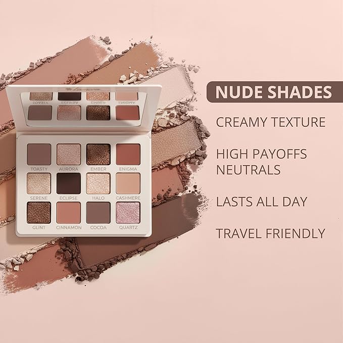 Lamora Nude Eyeshadow Palette - 12 Soft Pink Rose Shadows, Multi-Use Eye Makeup Palette with Matte & Shimmer Finishes, Ultra-Blendable Everyday Neutrals, Long-lasting Wear, Travel Makeup with Mirror
