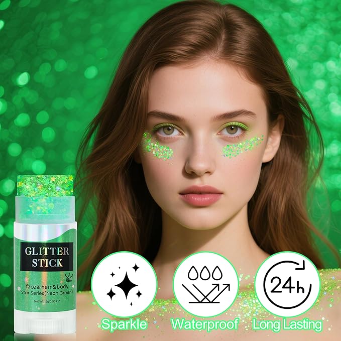 MEICOLY Light Green Body Glitter Stick,Green Accessories for Spirit Week,Alien Face Glitter,Hair Glitter for Women,Irish St Patricks Day Accessories,Festival Mermaid Chunky Makeup for Mardi Gras