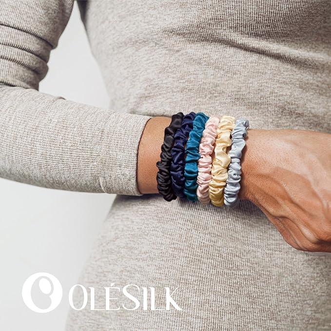 OLESILK Silk Hair Ties for Women: 100% Mulberry Skinny Silk Scrunchies, Soft Smooth No Damage No Crease for Thin Fine Curly Hair 5 Pack, Coffee