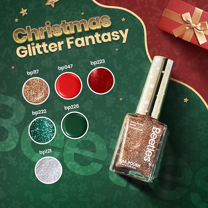 Beetles Christmas Nail Polish, 6 Colors Quick Dry Nail Polish Glossy Glitter 7.5ml /0.25 Fl Oz Red Green Gold Silver for Christmas Nail Art Manicure DIY at Home Gifts for Women