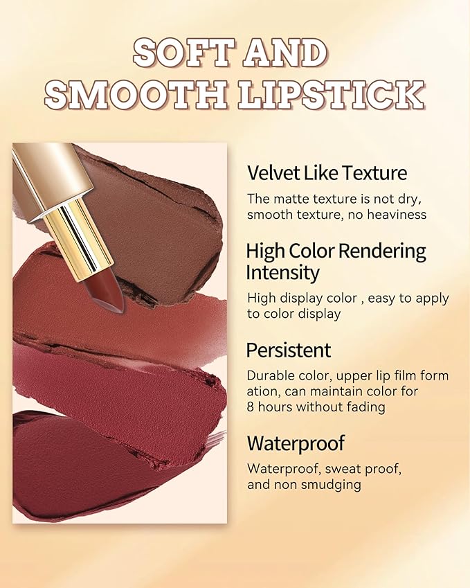 Velvet Matte Lipstick, Nude Brown High Pigmented Lip Tint Stain, Waterproof Long Lasting Cream Lip Gloss, Non-Stick Cup Smooth Tinted Lip Balm, Thanksgiving Lip Professional Makeup Gift for Women-01