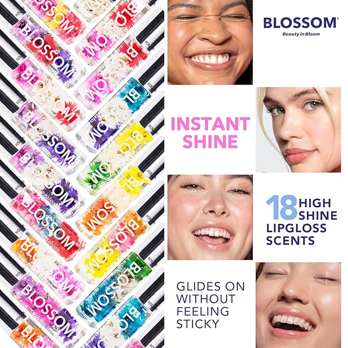 Blossom Roll on Lip Gloss, Scented Clear High Shine Moisturizing Lip Oil, Non Sticky, Infused with Real Flowers, Made in USA, 0.2oz, Vanilla Hemp