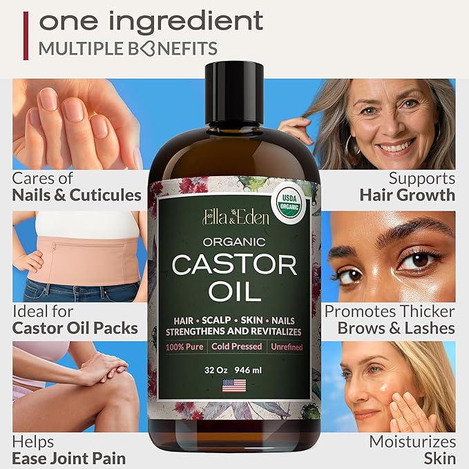 Ella & Eden Organic Castor Oil - Big 32 Fl Oz Glass Bottle - Cold-Pressed, Hexane-Free, USDA Certified, Unrefined & 100% Pure - For Hair Growth, Face, Skin