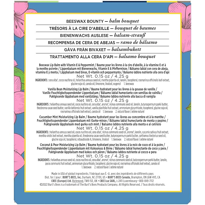 Burt's Bees Gifts Ideas - Balm Bouquet Lip Balm Set, Original Beeswax, Vanilla Bean, Cucumber Mint, Coconut & Pear Pack, Natural Origin Lip Treatment, 4 Tubes, 0.15 oz.