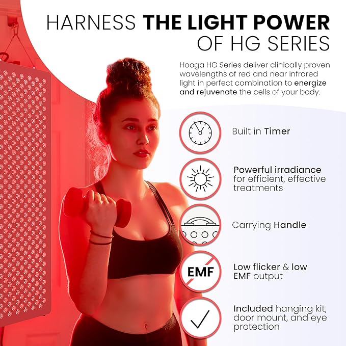Hooga Red Light Therapyfor Face & Body, 60 LEDs, 660nm Red 850nm Near Infrared with Timer for Pain Relief, Skin Health, Anti-Aging, Sleep, Energy & Recovery, Includes Hanging Kit & Handle - HG300