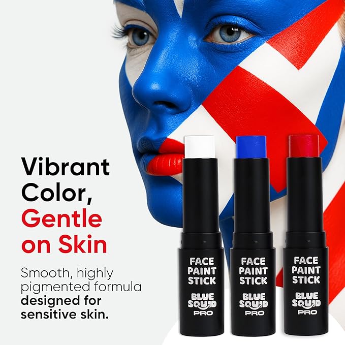 Blue Squid PRO Red White Blue Face Paint Stick - Waterproof Body Paint For Adults & Kids Eye Black Baseball, Eyeblack Softball - Hypoallergenic Twist-Up Non-Toxic Makeup Stick - Cosplay, Sports & SFX