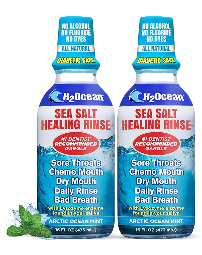 2 Pack H2Ocean Healing Rinse Mouthwash- Great Tasting Sea Salt & Xylitol Mouth Wash for Fresh Breath & Dry Mouth & Tonsil Stones - Alcohol & Fluoride Free - Arctic Ocean Mint, 16oz