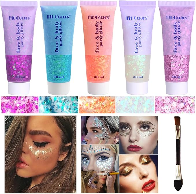Body Glitter Face Glitter Gel: Singer Concerts Disco Festival Rave Accessories Face Glitter Makeup Chunky Sequins Mermaid Face Body Hair Glitter Gel (White&Pink&Rose&Lake Blue&Orange)