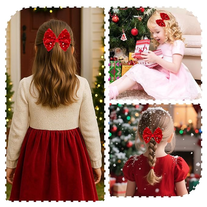 Velvet Sequin Hair Bows Elegant Red Bow for Women Girls, 4in Glitter Handmade Hair Clips Alligator Clips Sparkly Ponytail Holder Hair Accessories for Christmas, Birthday Party, Wedding, Valentines