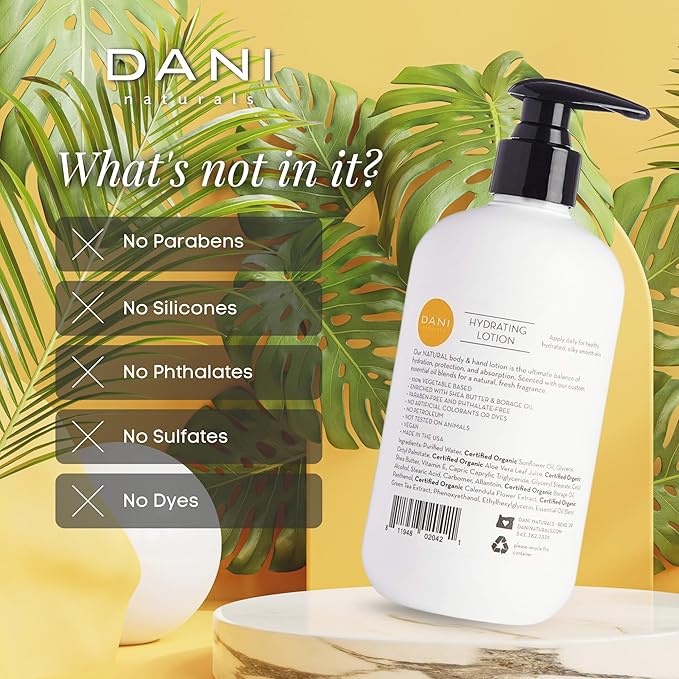 DANI Naturals Hand & Body Lotion - Grapefruit Ginger, Hydrating Lotion with Aloe Vera, Vitamin E & Shea Butter, Moisturizing for All Skin Types, Paraben-Free, 12 Oz