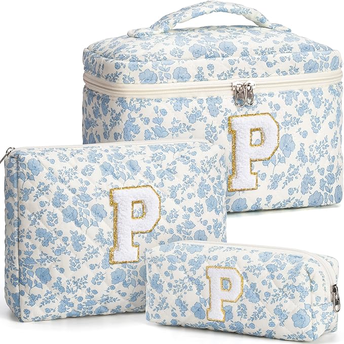 Birthday Gifts for Teen Girls Women, Personalized Initial Makeup Bag Quilted Cosmetic Bag Floral Make Up Bag Travel Toiletry Bag Teen Girl Gifts Trendy Stuff Christmas Gifts for Mom Daughter Friends