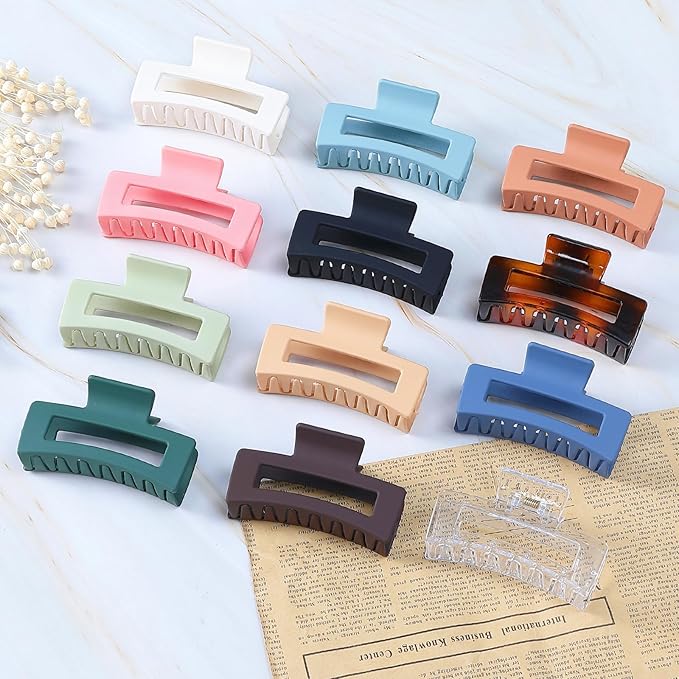3.5 Inch Medium Hair Accessories - 12 Pcs Square Jaw Clips for Thick and Thin Hair, Rectangular Rectangle Basic Color Hair Clips for Women and Girls