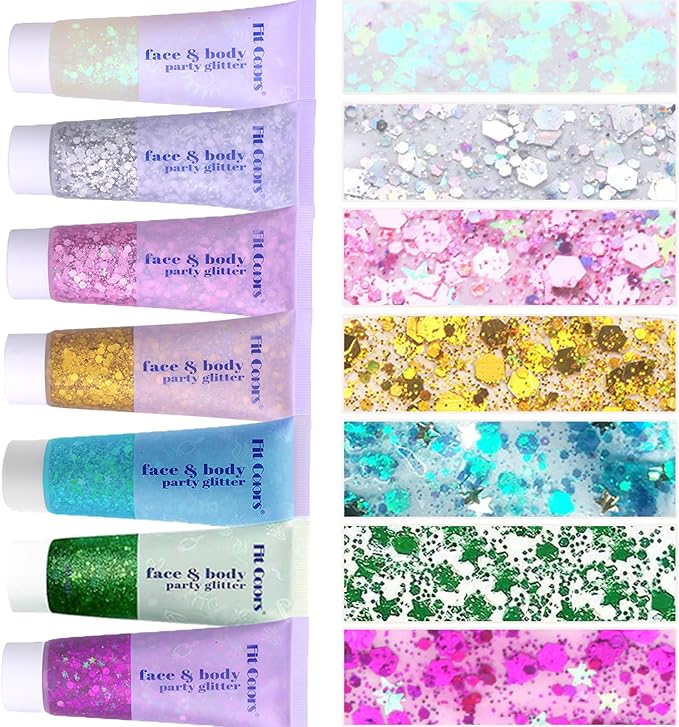 Face Body Glitter, Hair Glitter Sparkles Chunky Face Glitter Gel for Girls Makeup Singer Concerts Mermaid Festival Sequins Face Paint (White+Silver+Pink+Gold+Light Blue+Green+Rose Red)
