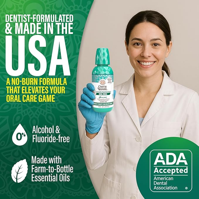 GuruNanda Fresh Breath Mouthwash, ADA-Accepted, Alcohol & Fluoride-Free, Sodium Chlorite, Essential Oils & Vitamins, 12-Hrs Fresh Breath, Wild Mint, 16 oz - 2 Pack