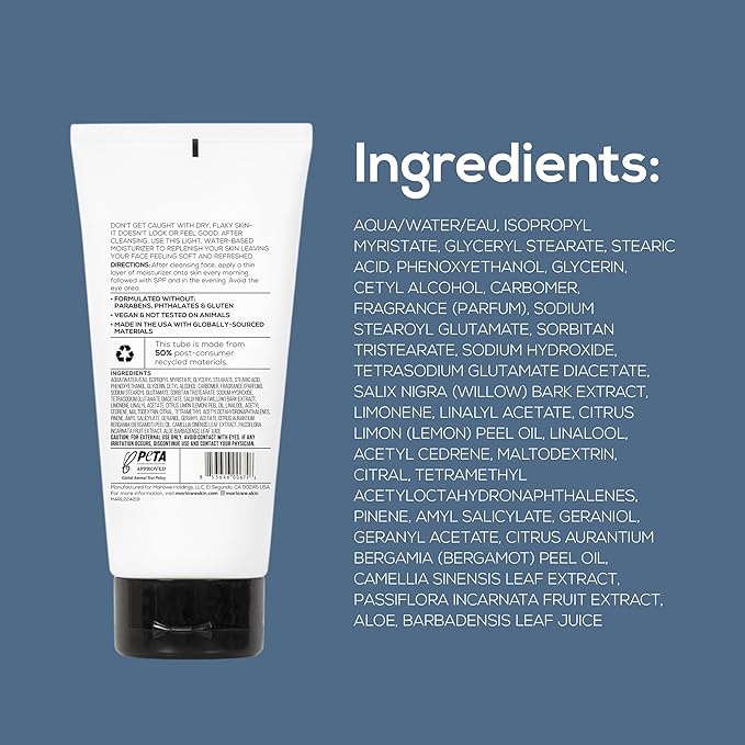 MARLOWE. No.123 Men’s Facial Moisturizer, Lightweight Daily Lotion with Aloe Vera & Green Tea for Soft, Hydrated Skin, Fresh Aloe Citron Scent, Holiday Grooming Gift for Men, 6 fl oz