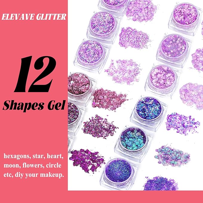 Body Glitter Face Glitter, Hair Glitter for Kids, 12 Shapes Fine Chunky Glitter Gel for Women Girls Makeup Sparkles Party Mermaid Sequins Rave Accessories Singer Concerts Festival (Purple Scheme)