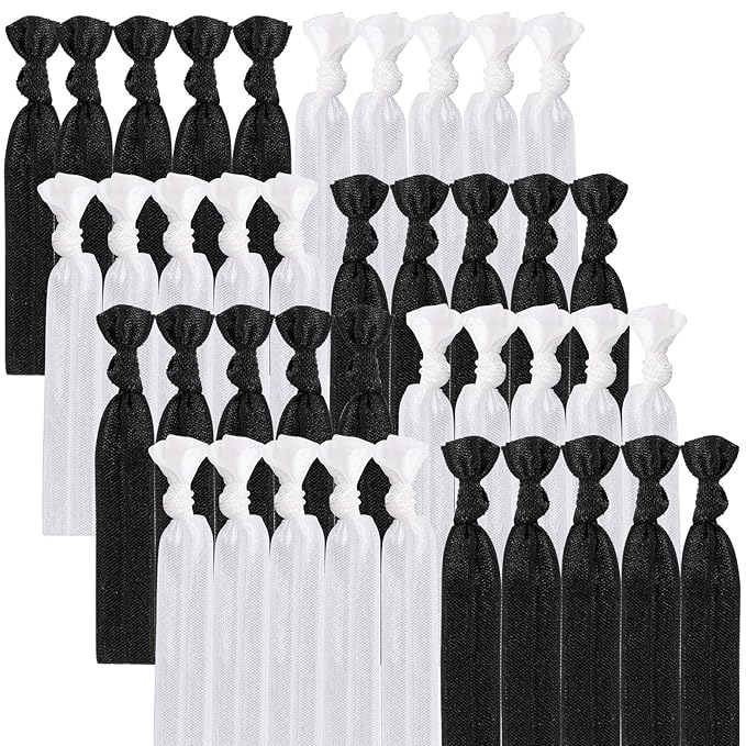 79STYLE 100 Pcs Elastic Hair Ties Ribbon Hair Ties Black White Ribbon Ponytail Holders, No Crease No Pull Soft Fabric Yoga Twist Hair Bands Hair Accessories Hand Knotted Fold Over Solid Colors (Black