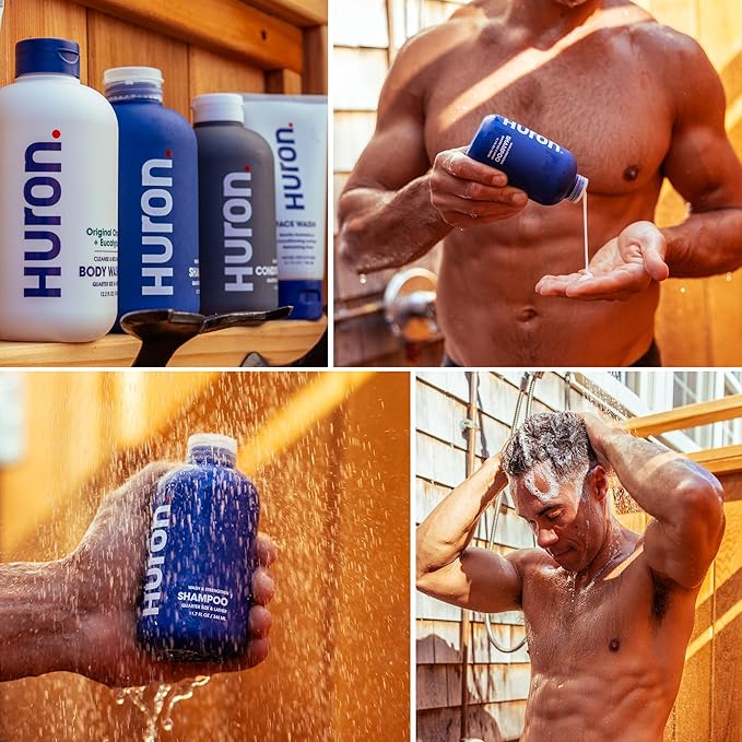 Huron Men's Shampoo | Cleansing & Hydrating Formula | Citrus, Fresh Juniper & Aromatic Greens Scent | Strengthens Hair | Sulfate-Free, Paraben-Free | Argan Oil, Aloe, Peppermint | 11.7 Fl Oz