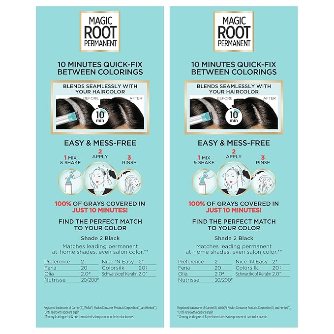 L’Oréal Paris Magic Root Permanent Hair Color, 10 Minute Hair Dye Kit to Rescue Roots with 100% Gray Hair Coverage, 2 Black, 2 Pack (Packaging May Vary)