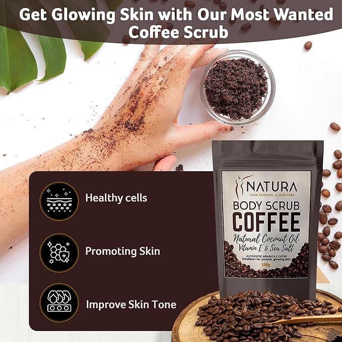 Natura Spa Coffee Body Scrub with Coconut Oil & Vitamin E – Natural Exfoliator for Smooth, Glowing Skin – Reduces Cellulite, Boosts Circulation & Improves Elasticity – Face, Body & Foot, 200g