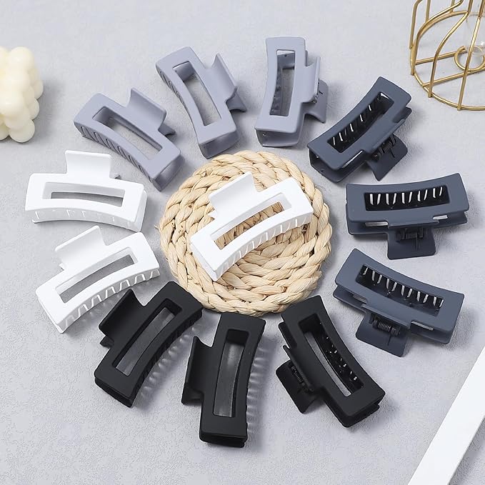 12 Pcs Medium Hair Clips for Women, 3.5 Inch Square Claw Clips, Colorful Hair Claw Clips for Thick and Thin Hair, Bulk Hair Accessories for Women and Girls- Grey