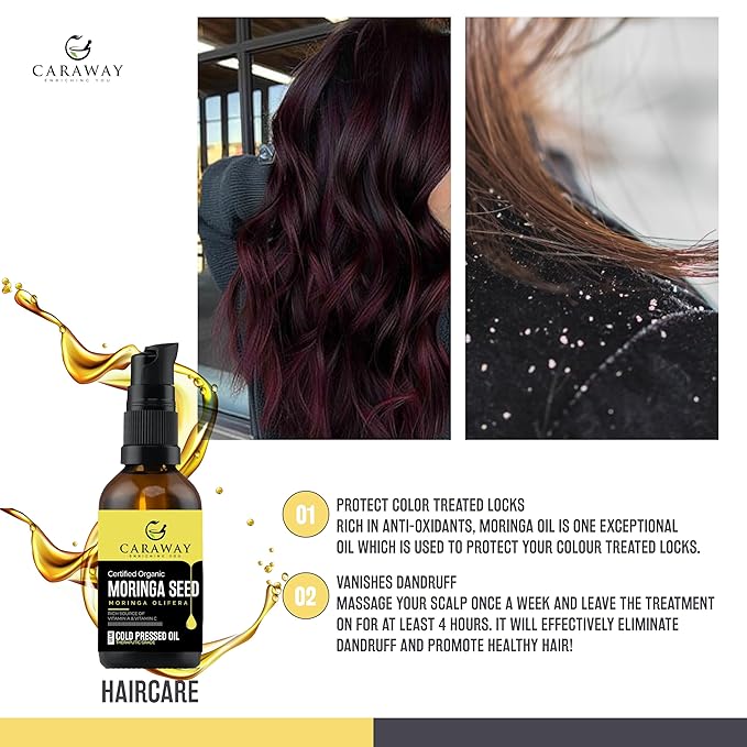 CARAWAY Organic 100% Pure Cold-Pressed Moringa Seed Oil - 4 fl oz | Unrefined Moringa Oil - Anti-Aging & Anti-Dandruff | Great for Hair, Skin and Face | Ideal Carrier Oil For Essential Oils Mixing
