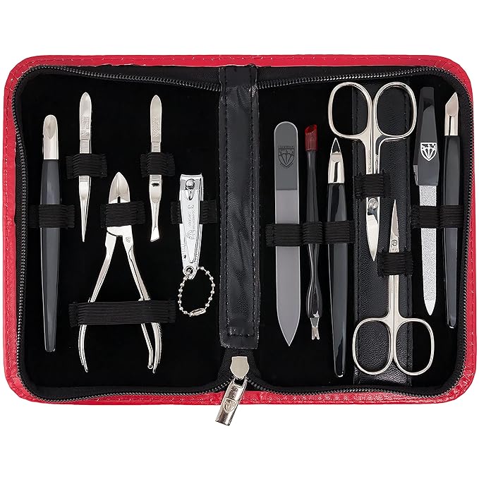 3 Swords Germany – brand quality 12 piece manicure pedicure grooming kit set for professional finger & toe nail care with red synthetic leather case - Made in Germany