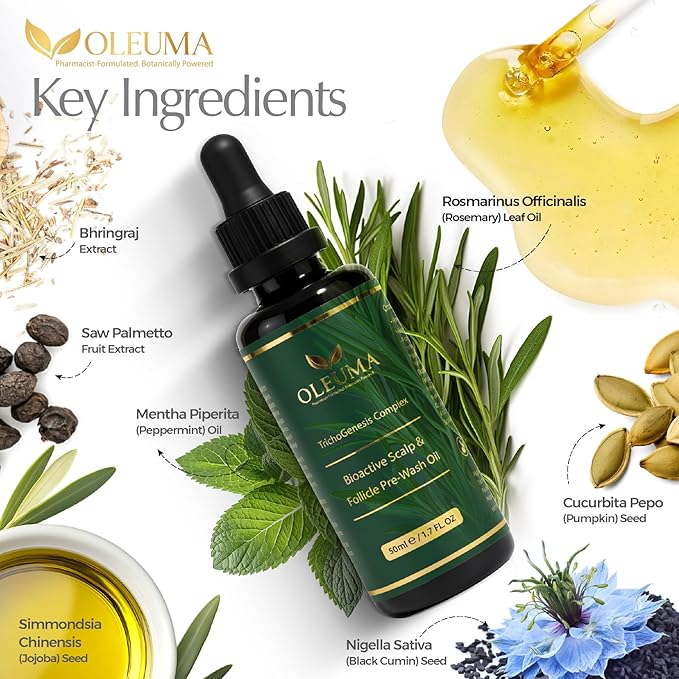 Oleuma™ TrichoGenesis Complex – Pharmacist-Formulated Bioactive Scalp & Follicle Pre-Wash Oil with Pumpkin Seed, Rosemary, Bhringraj, Black Cumin, Jojoba, Saw Palmetto, Peppermint & Vitamin E (50 mL)