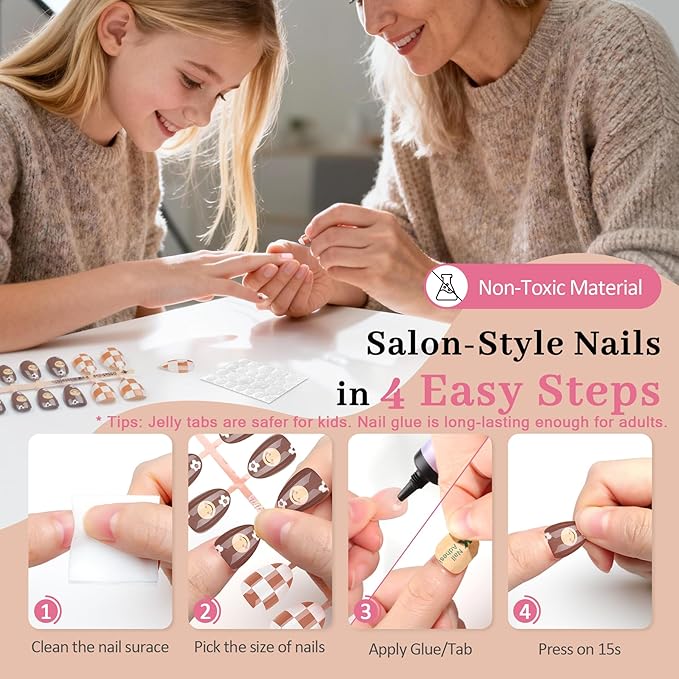 16 Sizes Press on Nails Kit for Kids - 32 Pieces French Almond Fake Nail Tips for Girls 8-12 Years Old with Jelly Nail Adhesives & No-Lamp Nail Glue, Birthday Christmas Gifts (Cozy Autumn)