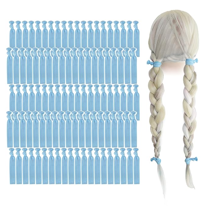 MEEDEE 100 Pack Light Blue Color Hair Ties For Women No Crease Soft Elastic Ribbon No Damage Blue Hair Ties Knotted Ouchless Hair Ribbon Yoga Hair Ribbons Elastic Bracelets