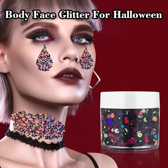 Halloween Black Red Face Glitter Gel,Carnival Festival Rave Accessories Sequins Body Glitter Paint for Hair Lip Eye Clavicle,Singer Concerts Chunky Hair Sparkles for Kids and Women