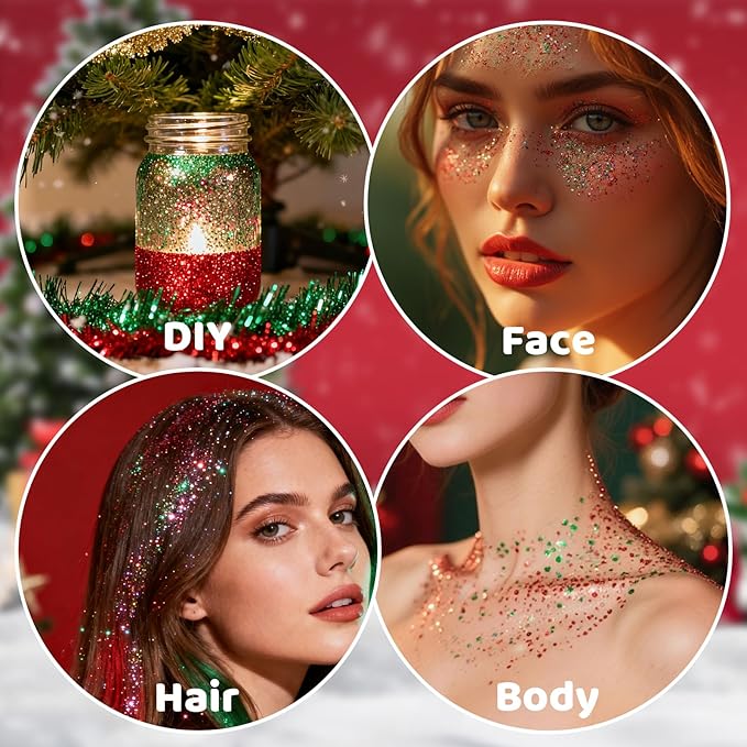 DAGEDA Christmas Body Glitter Stick,Sparkly Face Glitter Makeup,Christmas Hair Accessories Rave Outfits for Women, Green Silver Red Glitters Shimmer Face Paint Stick Singer Concert Accessories