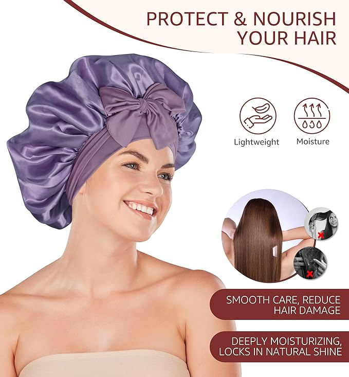 HiRui Silk Satin Bonnet for Sleeping Women, Double-Layer Sleep Cap Shower Cap with Adjustable Tie, Moisture Retaining Satin Lined Hair Bonnet for Curly and Natural Hair (Lavender, Medium)