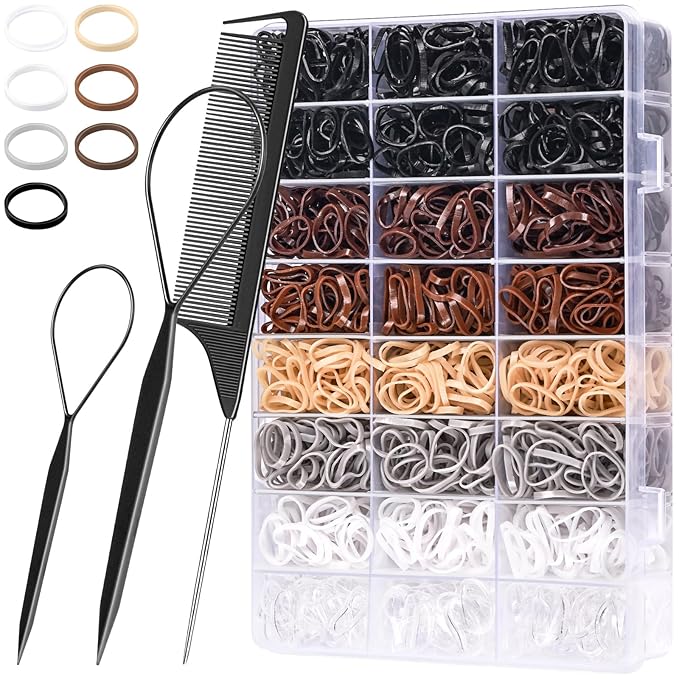 TsMADDTs Small Hair Ties Set, 2000PCS Rubber Bands with Organizer Box, 7 Natural Colors Clear Black Brown, Rat Tail Comb