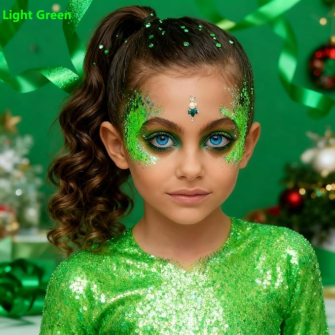 Go Ho Light Green Face Body Glitter,Sparkly Face Glitter Makeup,Light Green Face Paint Holographic Chunky Sequins Glitters for Eye Lip Hair Nails,Festival Rave Accessories