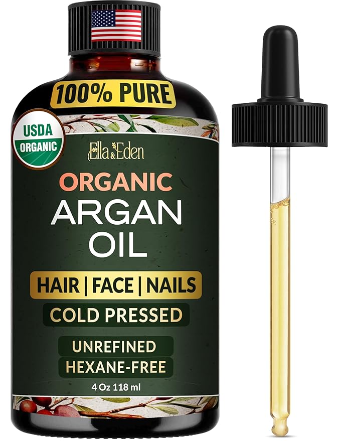 Ella & Eden Organic Moroccan Argan Oil - 100% Pure Cold-Pressed USDA Certified Unrefined – for Hair, Face & Skin – 4 Fl Oz Glass Bottle