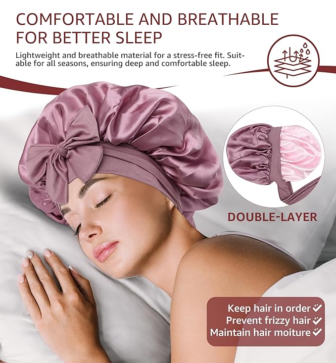 HiRui Silk Satin Bonnet for Sleeping Women, Double-Layer Sleep Cap Shower Cap with Adjustable Tie, Moisture Retaining Satin Lined Hair Bonnet for Curly and Natural Hair (Blush Pink/Pink, Medium)