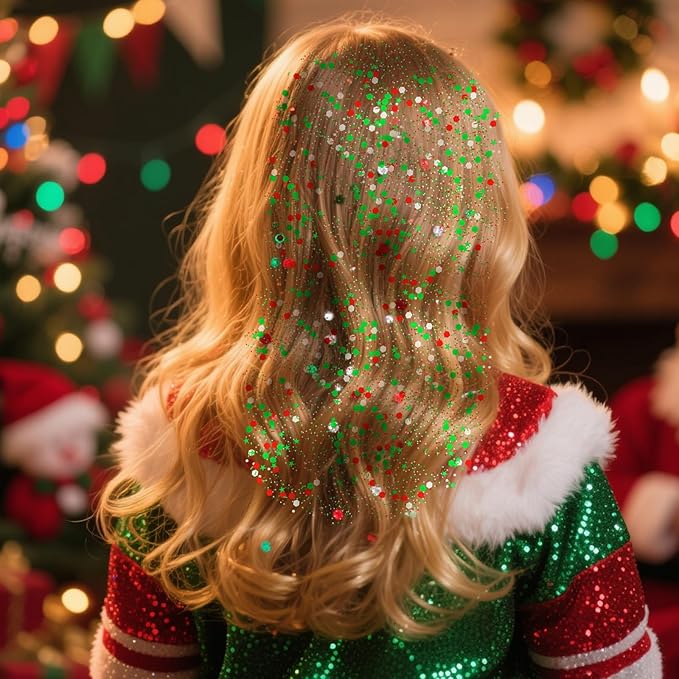 Christmas Face Hair Glitter Gel,Green Red Silver Body Glitter Gel,Stocking Stuffers Gift Kids Self-Adhesive Sequins Glitter,Sparkling Christmas Makeup for Women Girls,50ML